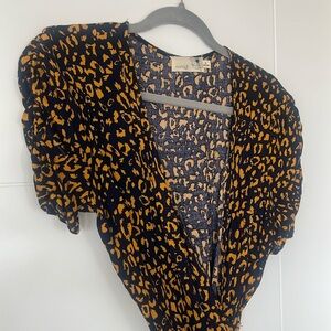 Everleigh Printed Wrap Dress. Navy & Mustard Cheetah. Size S. New Without Tags